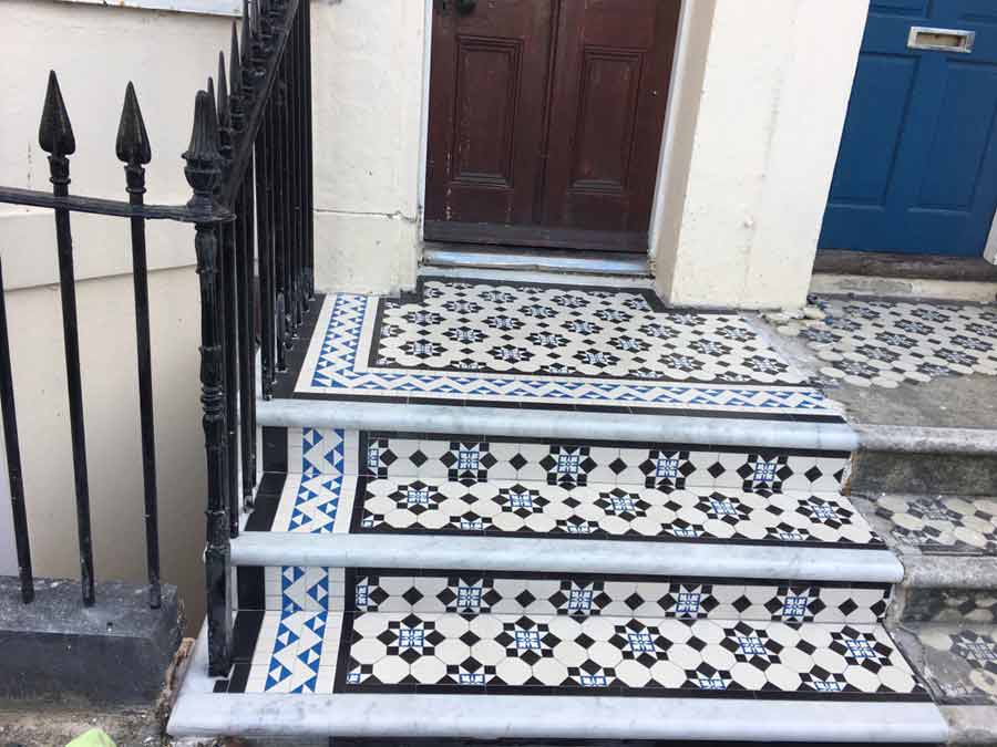 Victorian steps recreated in Brighton Tiles supplied by London mosaic Marble nosings from Francis Tate Marbleworks